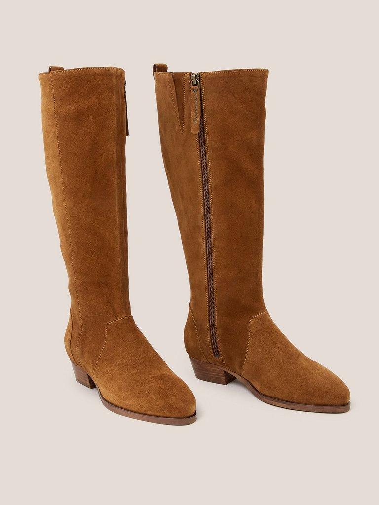 Suede Knee Wide Fit High Boot in DARK TAN - FLAT FRONT