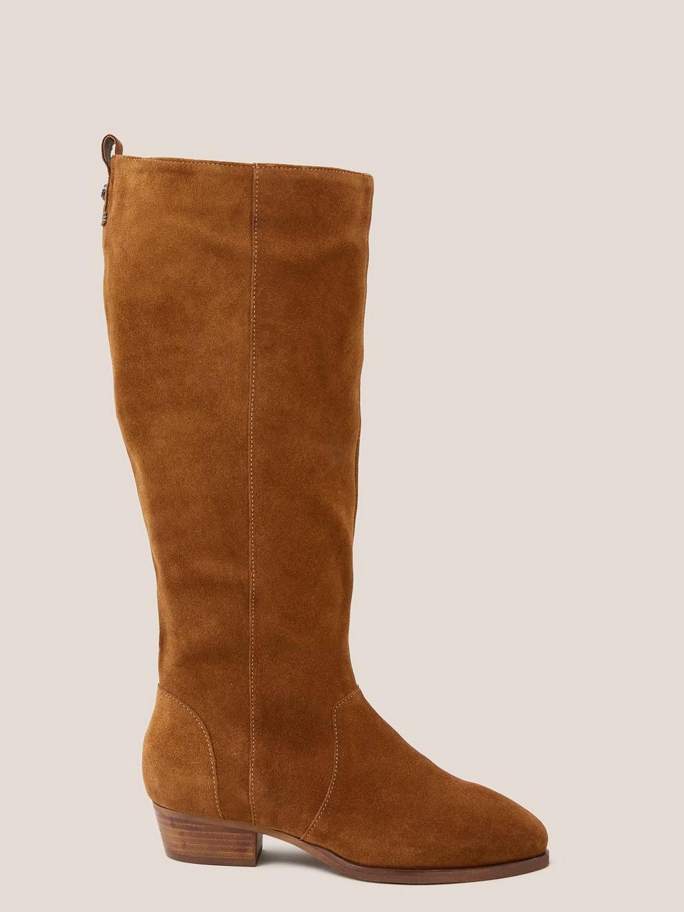 Suede Knee Wide Fit High Boot in DARK TAN - MODEL FRONT