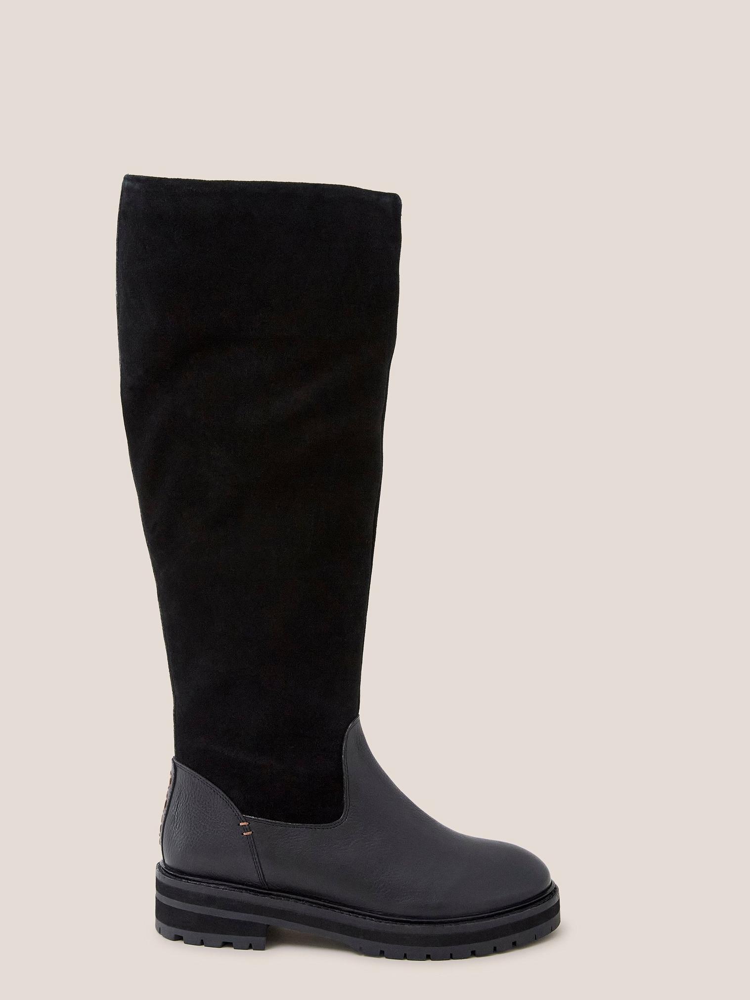 Enya Leather Fur Knee Boot in PURE BLK - MODEL FRONT
