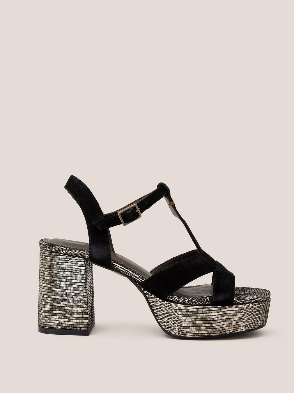 Elsa Suede Heeled Sandal in BLK MLT - MODEL FRONT