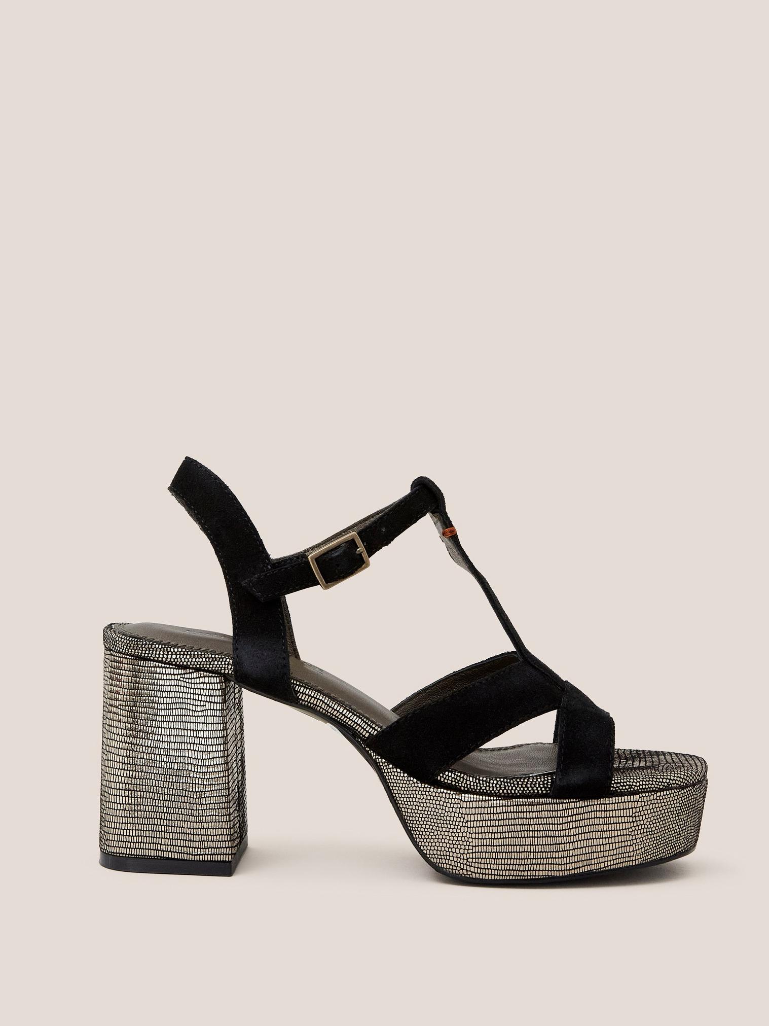 Elsa Suede Heeled Sandal in BLK MLT - MODEL FRONT