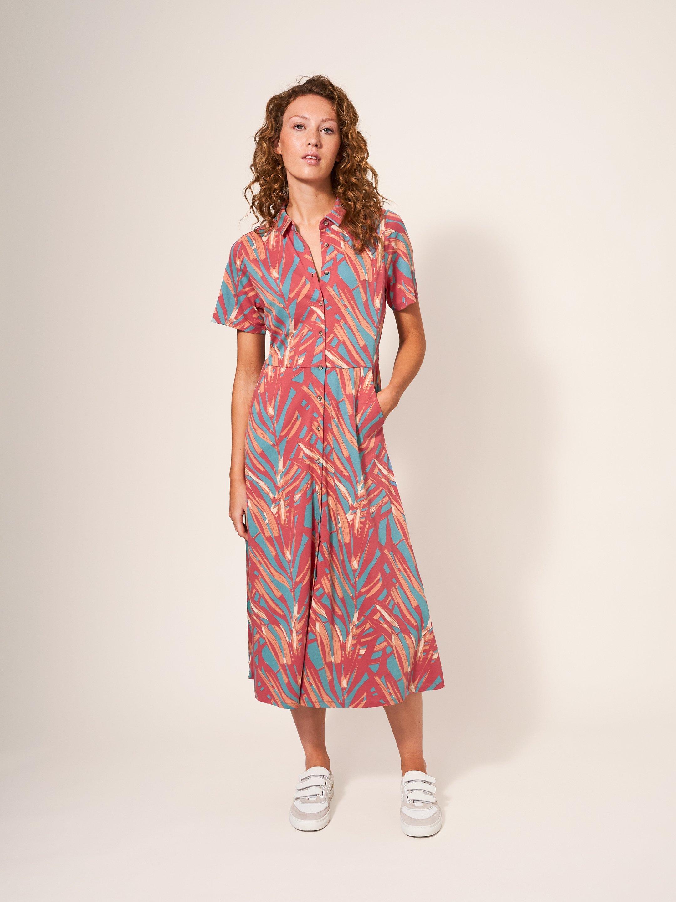 Rua Jersey Shirt Printed Dress in PINK MLT - MODEL FRONT