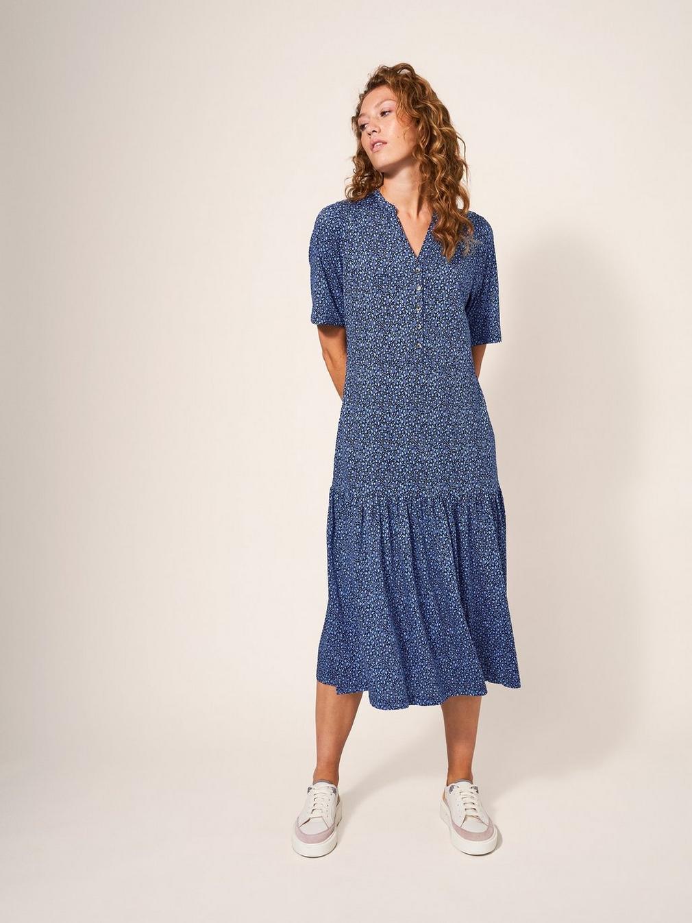 Sabina Dress in NAVY MULTI - MODEL FRONT