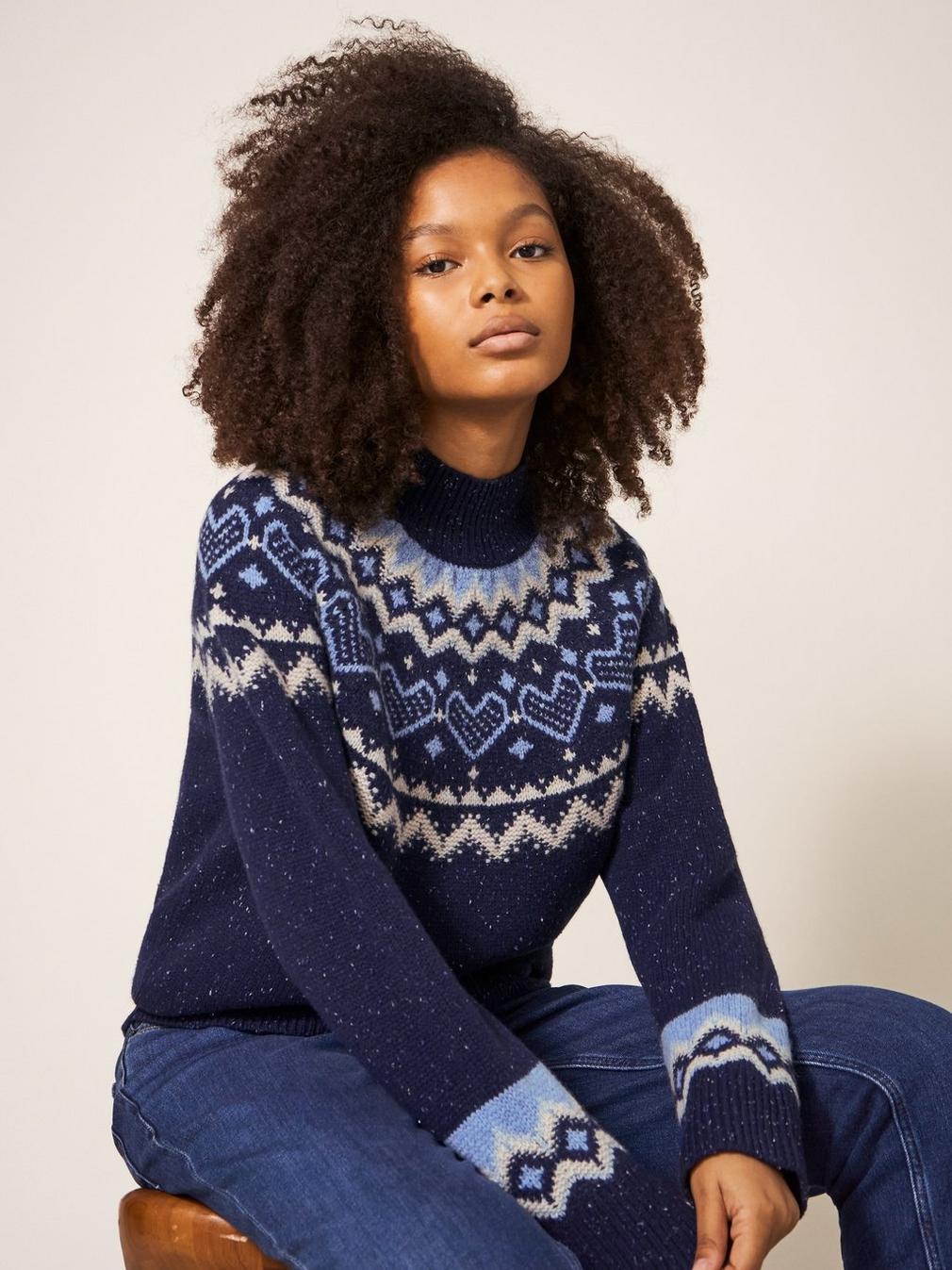 HEART LONGLINE FAIRISLE JUMPER in NAVY MULTI - LIFESTYLE