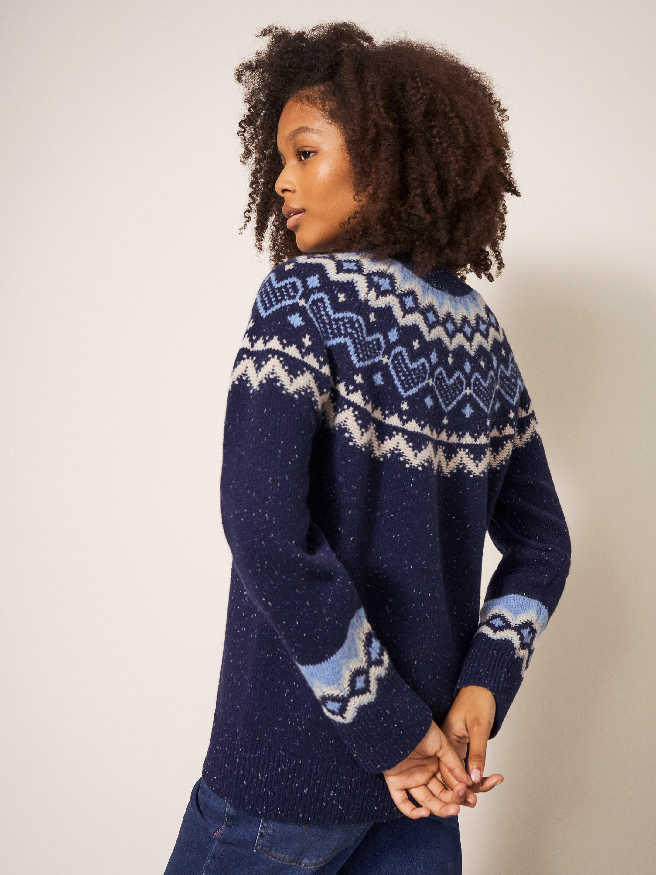 HEART LONGLINE FAIRISLE JUMPER in NAVY MULTI - MODEL BACK