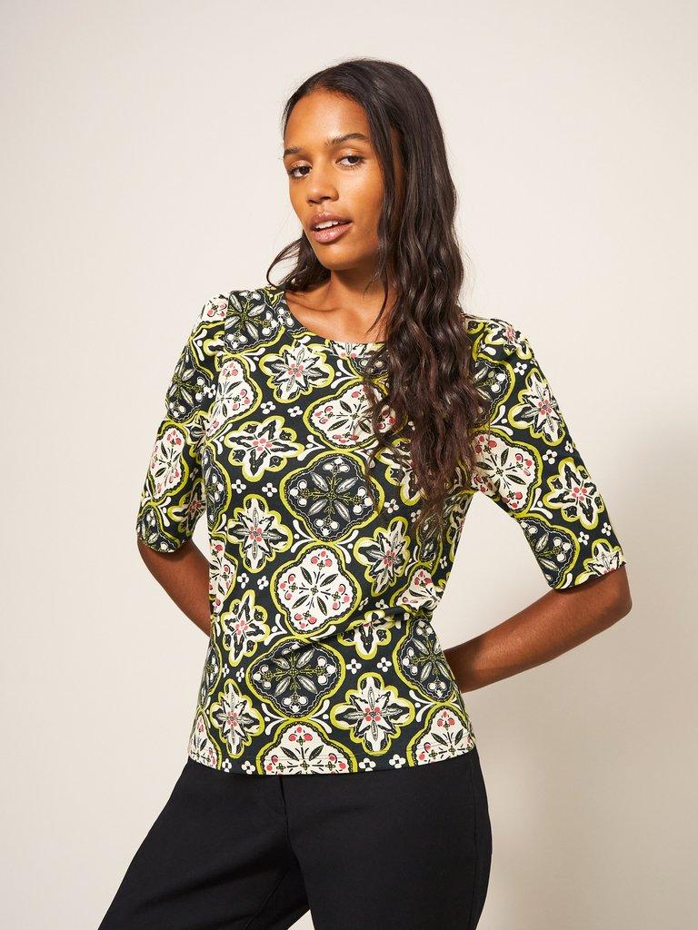 PRINT PUFF SLEEVE in BLK MLT - MODEL DETAIL