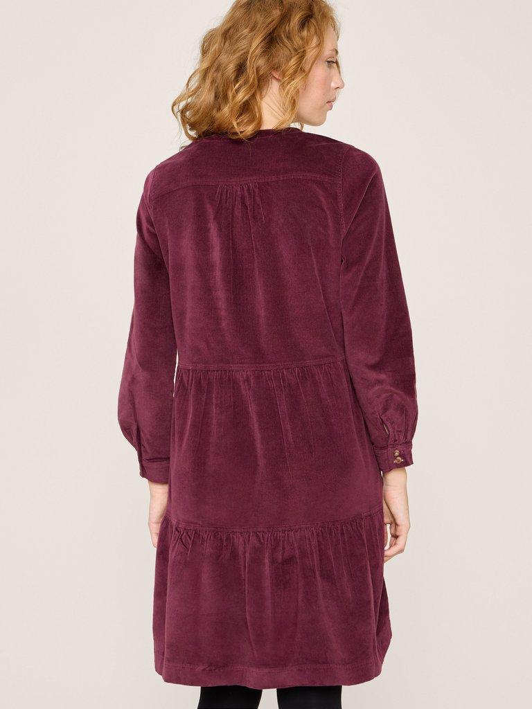 Edith Cord Dress in DK PLUM - MODEL BACK