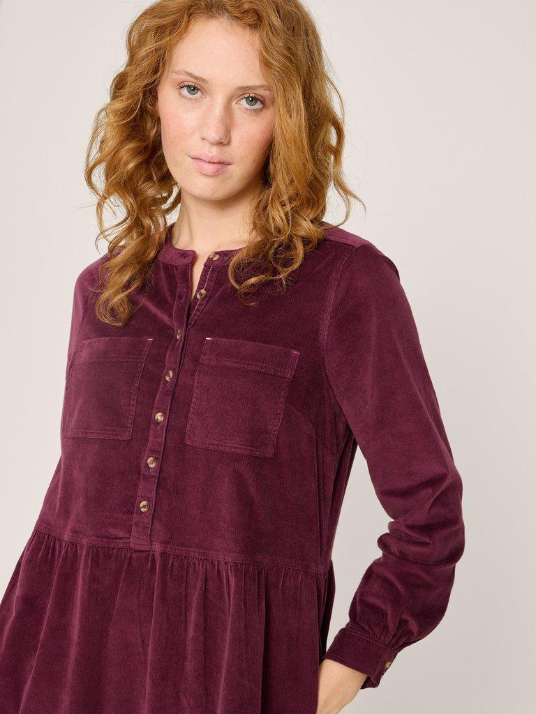 Edith Cord Dress in DK PLUM - MODEL DETAIL