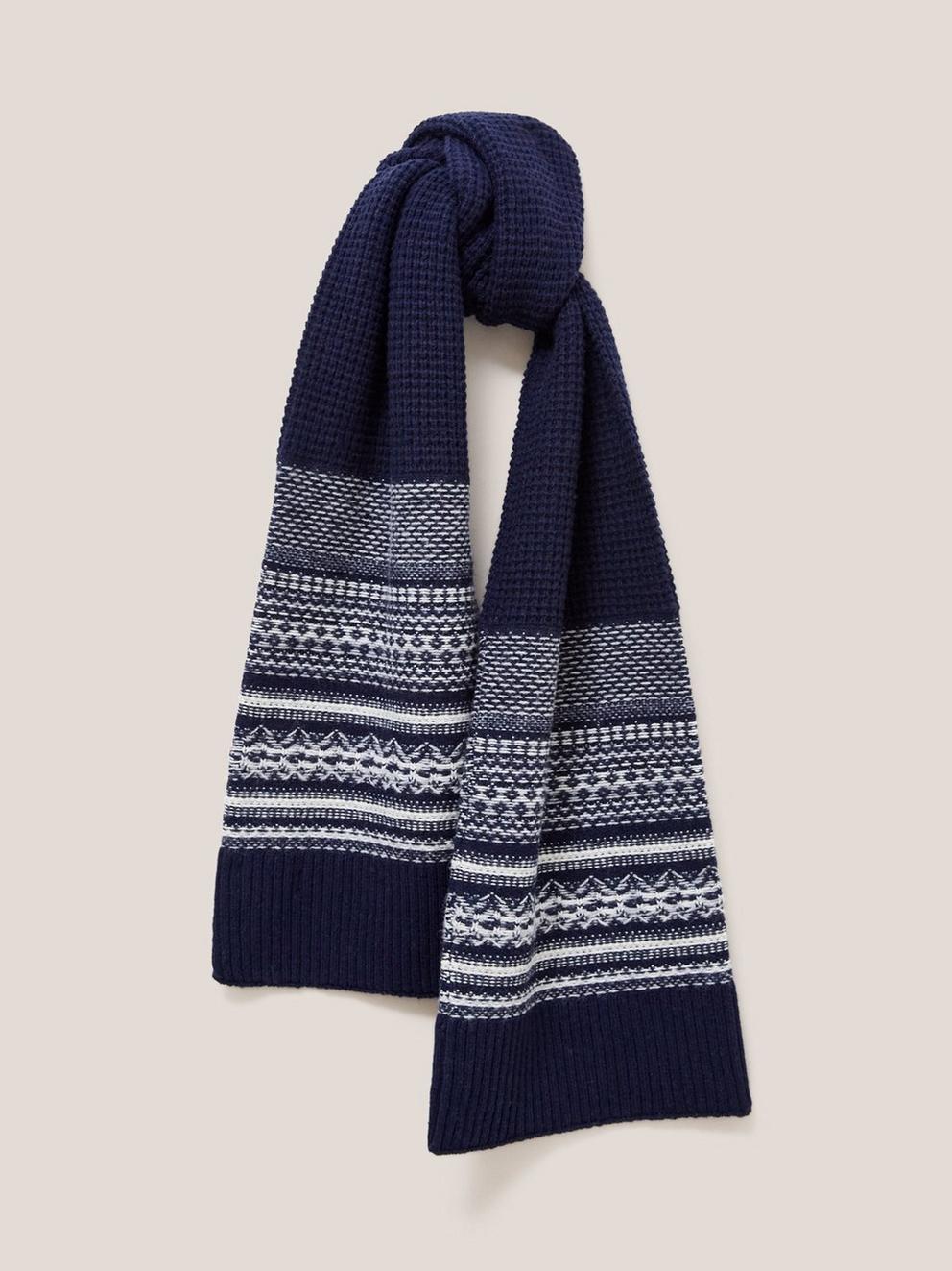 Lambswool Fairisle Scarf  in DARK NAVY - MODEL FRONT