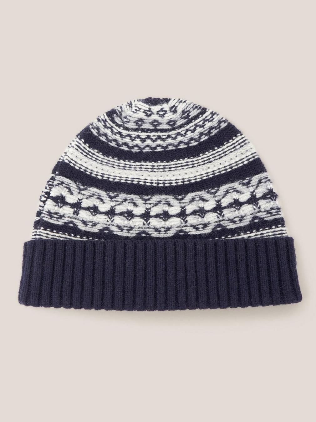 Lambswool Fairisle Beanie in DARK NAVY - FLAT BACK