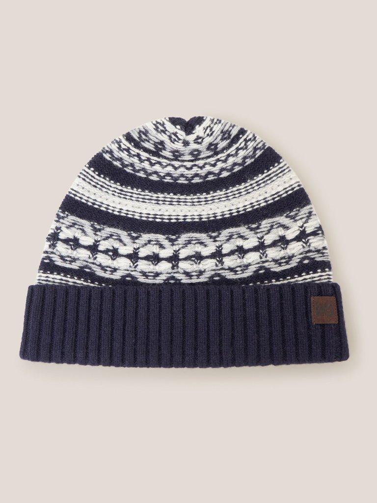 Lambswool Fairisle Beanie in DARK NAVY - FLAT FRONT