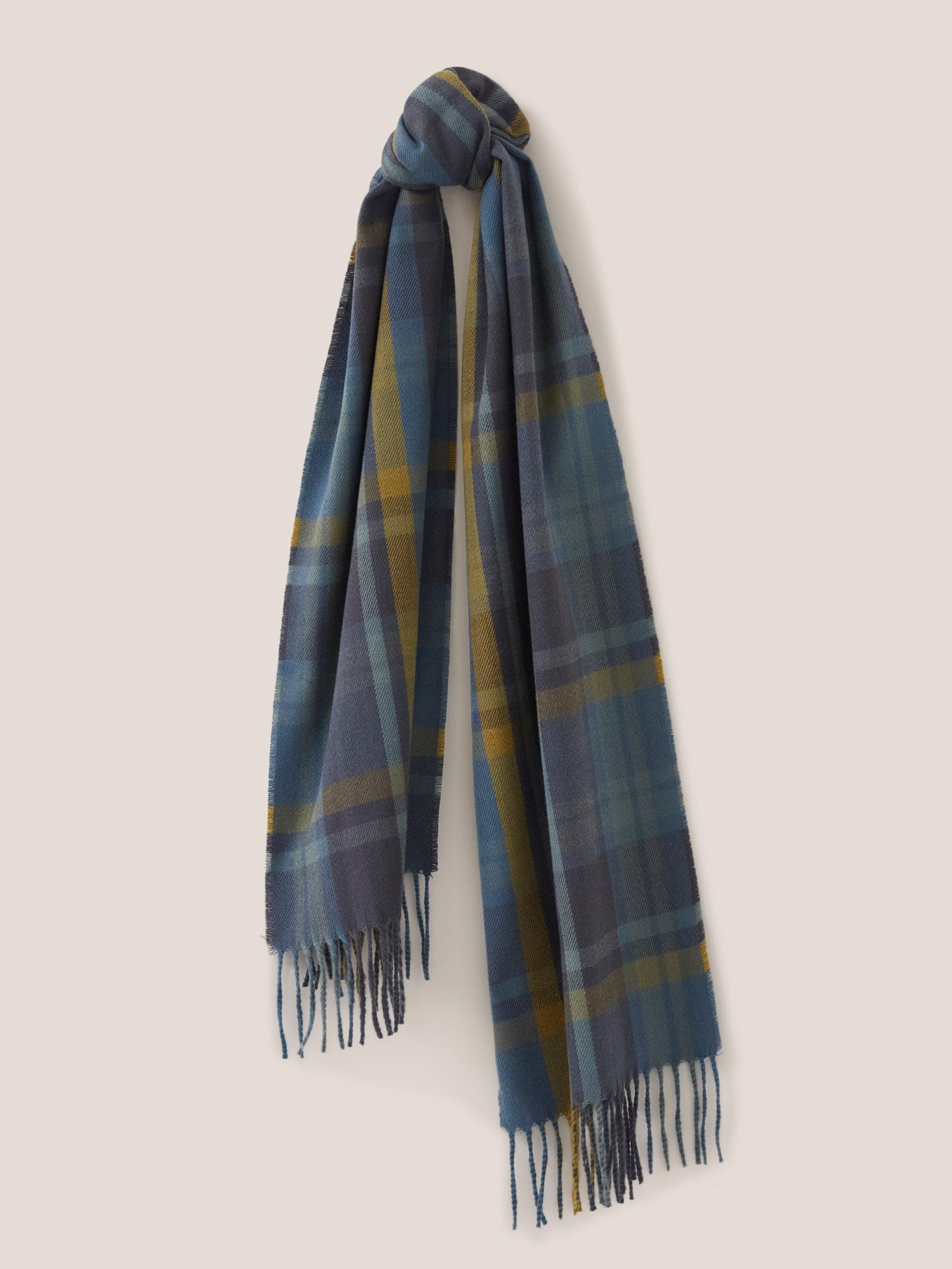 Check Woven Recycled Scarf in BLUE MLT - MODEL FRONT