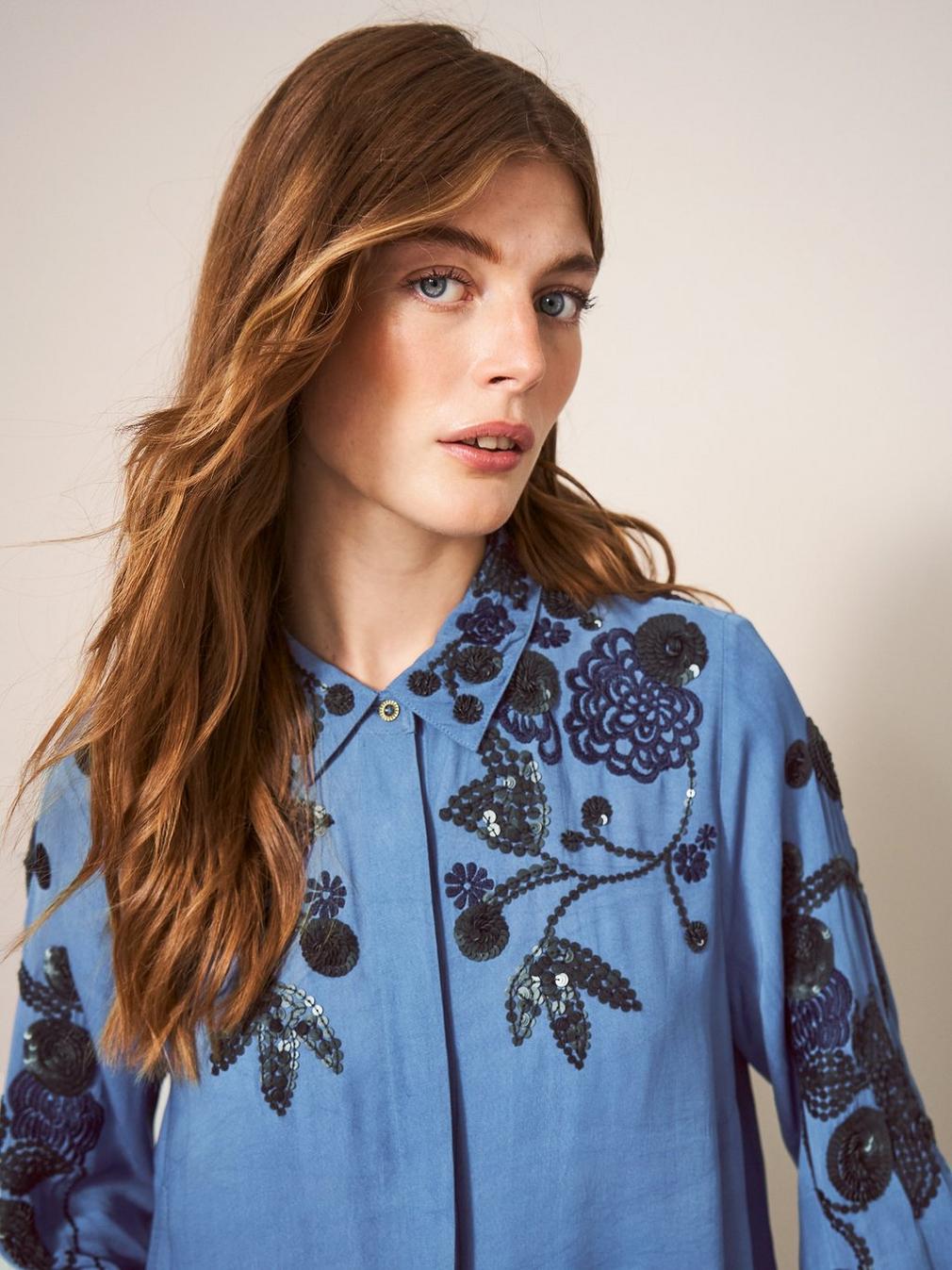 Arden Sequin Shirt in BLUE MLT - MODEL FRONT