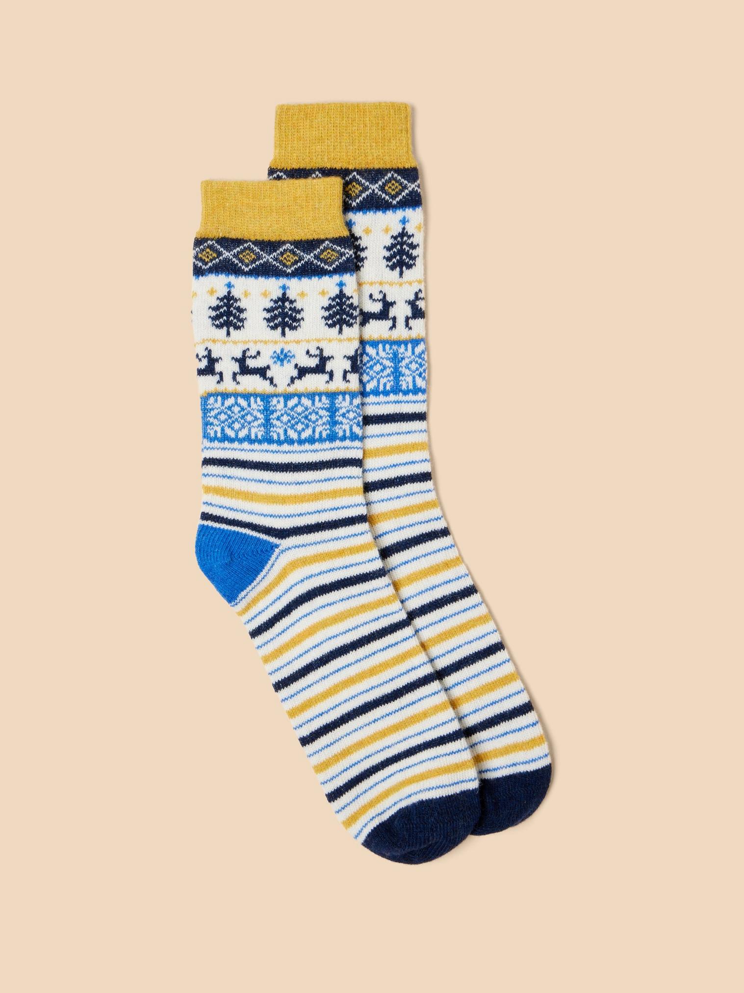 Reindeer Wool Mix Socks in NAVY MULTI - FLAT FRONT