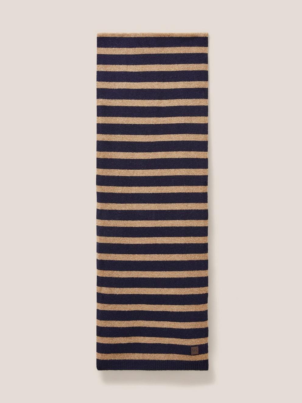 Stripe Wool Knit Scarf in NAVY MULTI - MODEL FRONT