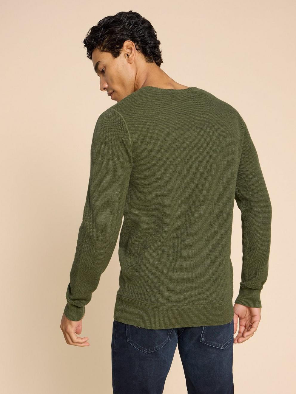 Attadale Crew Neck Jumper in KHAKI GRN - MODEL BACK