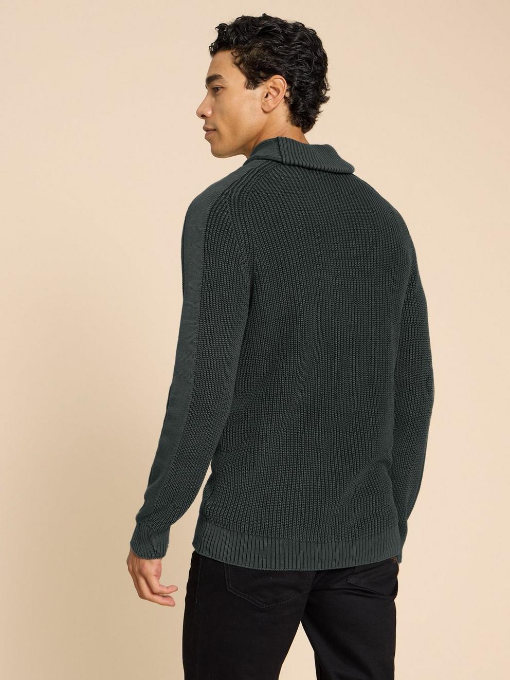 Ribbed Shawl Neck Jumper in CHARC GREY - MODEL BACK