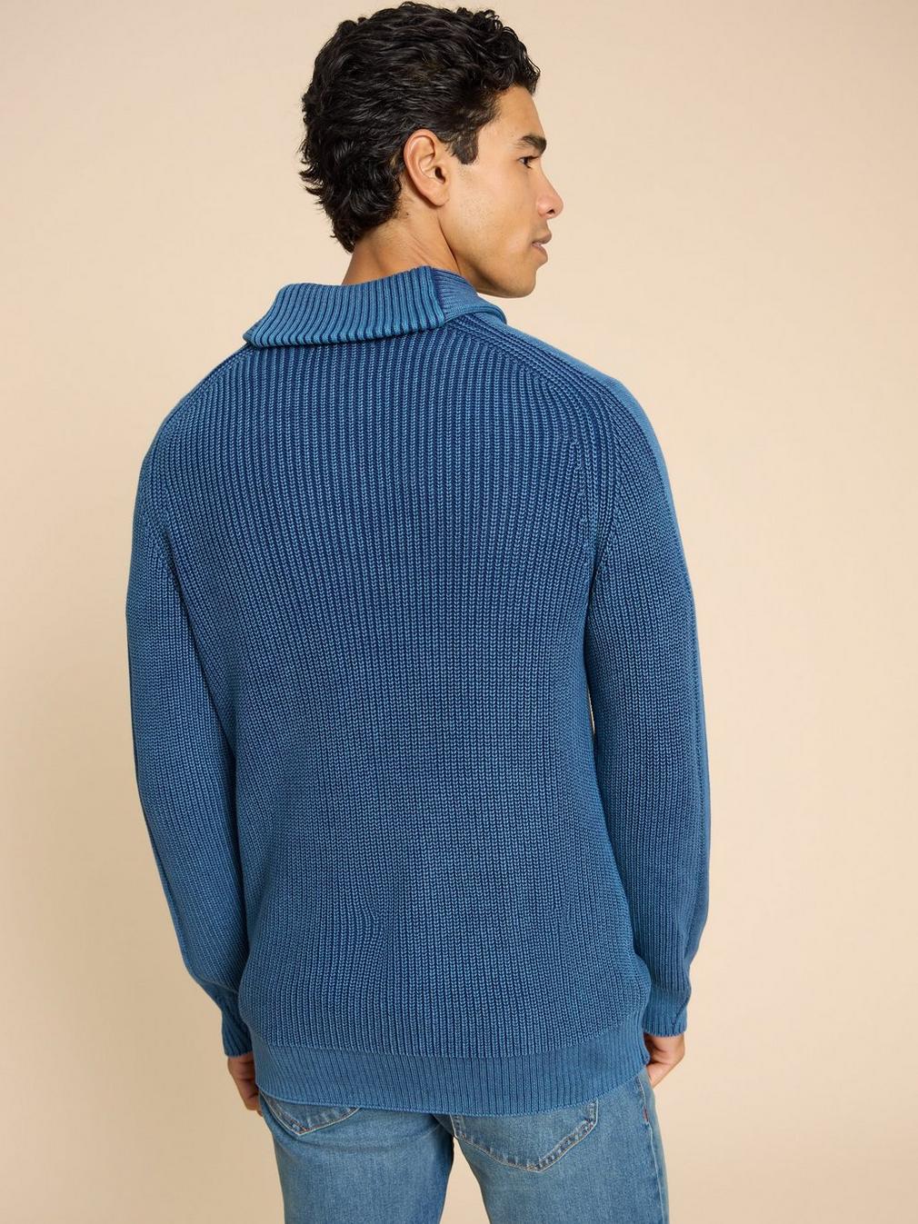 Ribbed Shawl Neck Jumper in DARK NAVY - MODEL BACK