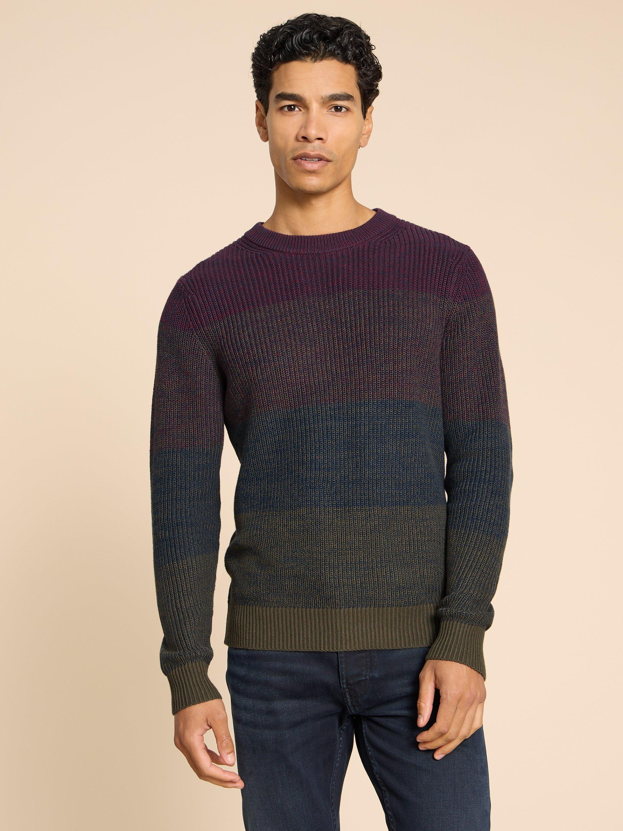 Twisted Colourblock Jumper in PLUM MLT - MODEL FRONT