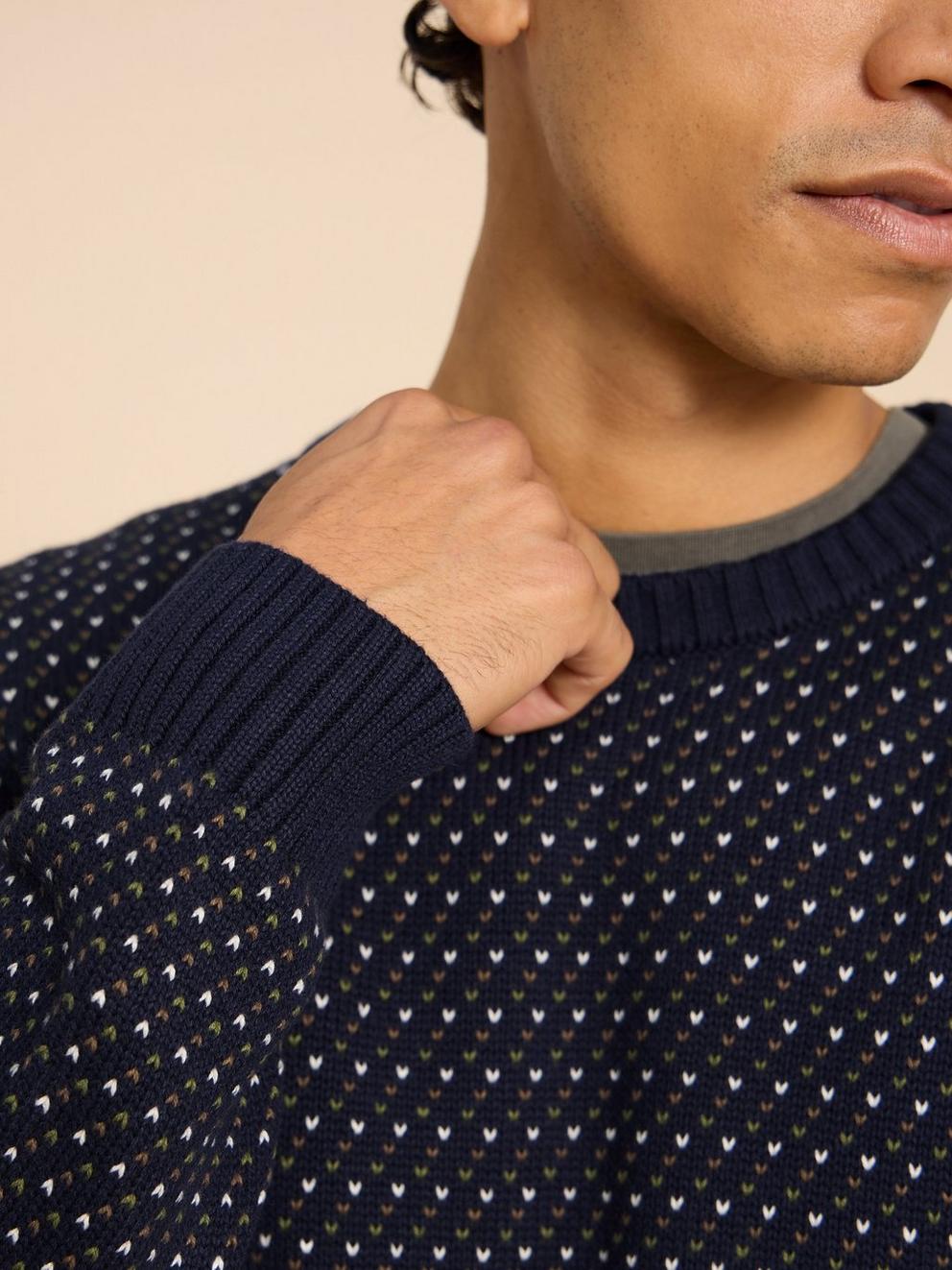 Birdseye Crew Neck Jumper in NAVY MULTI - MODEL DETAIL