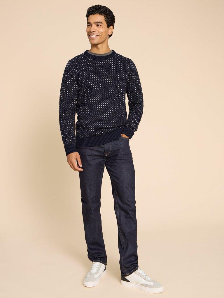 Birdseye Crew Neck Jumper in NAVY MULTI - MODEL FRONT