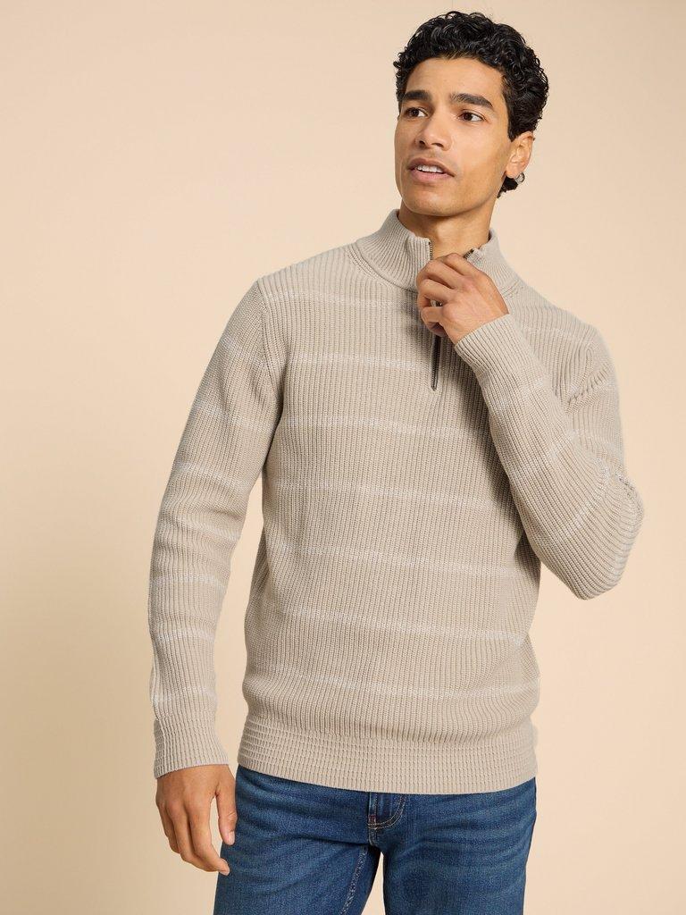 Breton Funnel Neck Jumper in LGT NAT - MODEL FRONT