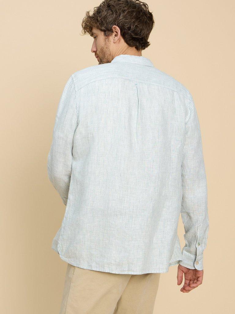 Pembroke LS Linen Stripe Shirt in BLUE MLT - MODEL BACK