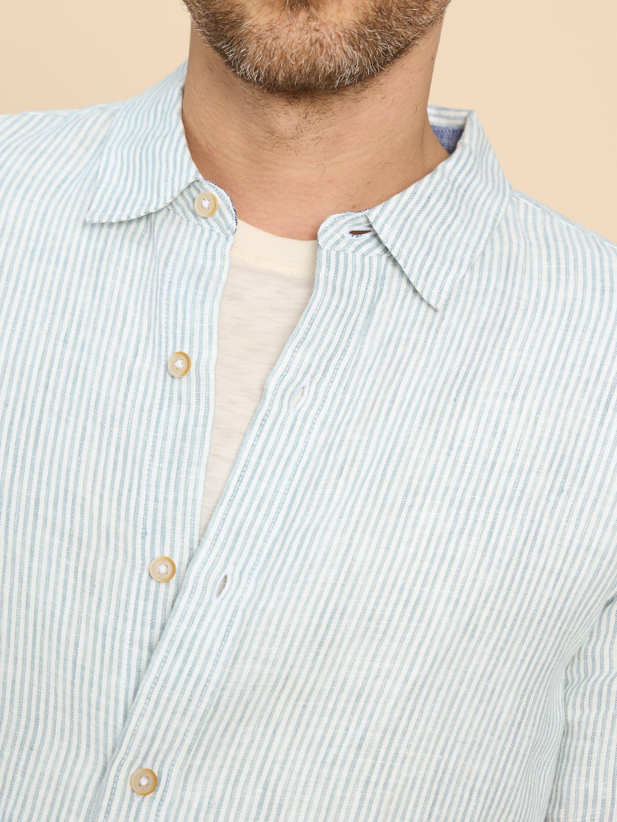 Pembroke LS Linen Stripe Shirt in BLUE MLT - MODEL DETAIL