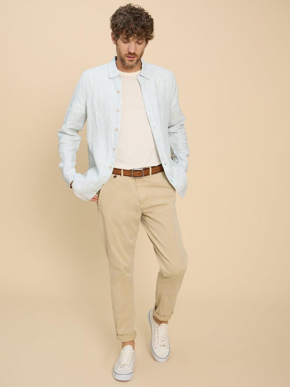 Pembroke LS Linen Stripe Shirt in BLUE MLT - MODEL FRONT