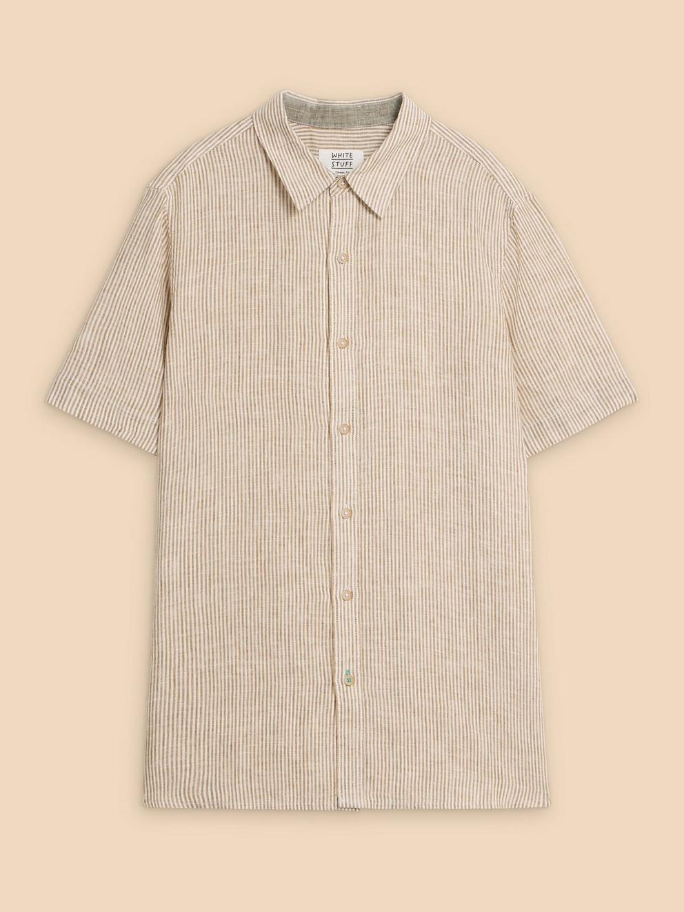 Pembroke SS Linen Stripe Shirt in TAN MULTI - FLAT FRONT