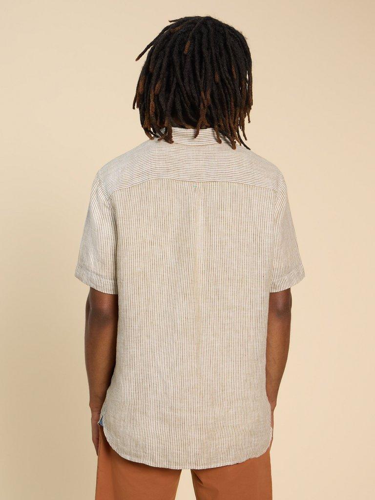 Pembroke SS Linen Stripe Shirt in TAN MULTI - MODEL BACK