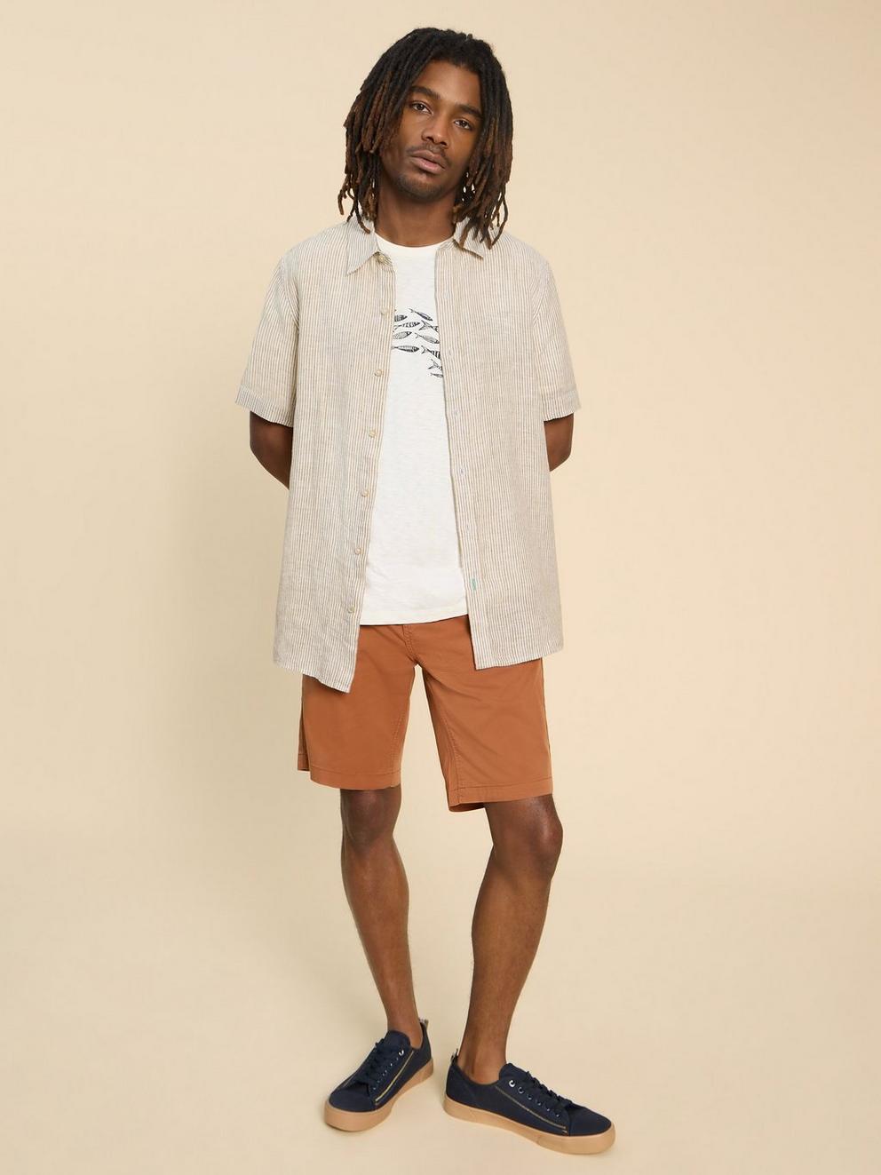 Pembroke SS Linen Stripe Shirt in TAN MULTI - MODEL FRONT