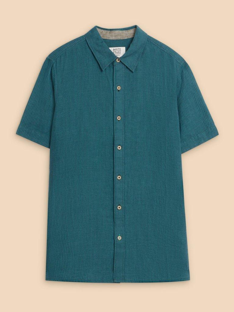 Pembroke SS Linen Stripe Shirt in TEAL MLT - FLAT FRONT