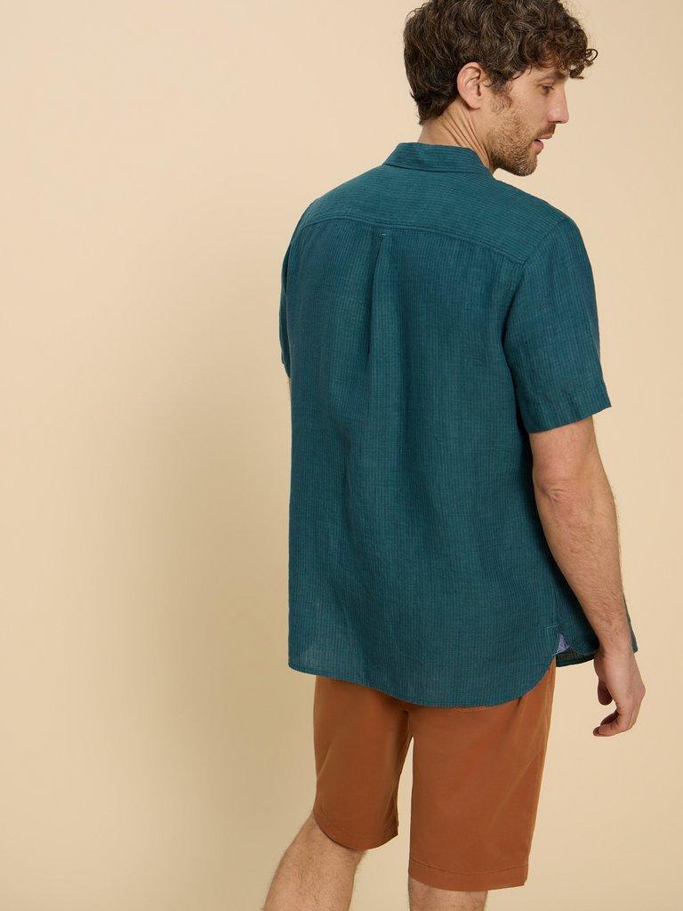 Pembroke SS Linen Stripe Shirt in TEAL MLT - MODEL BACK