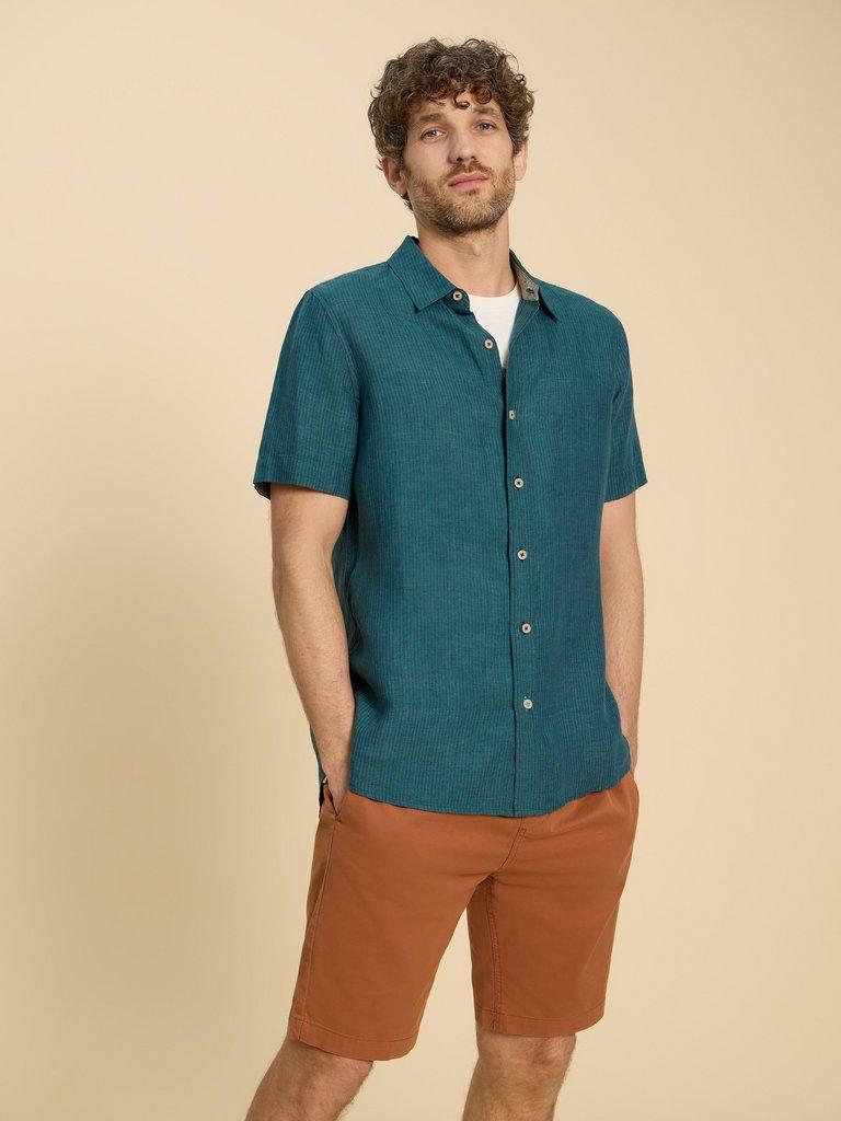 Pembroke SS Linen Stripe Shirt in TEAL MLT - MODEL DETAIL