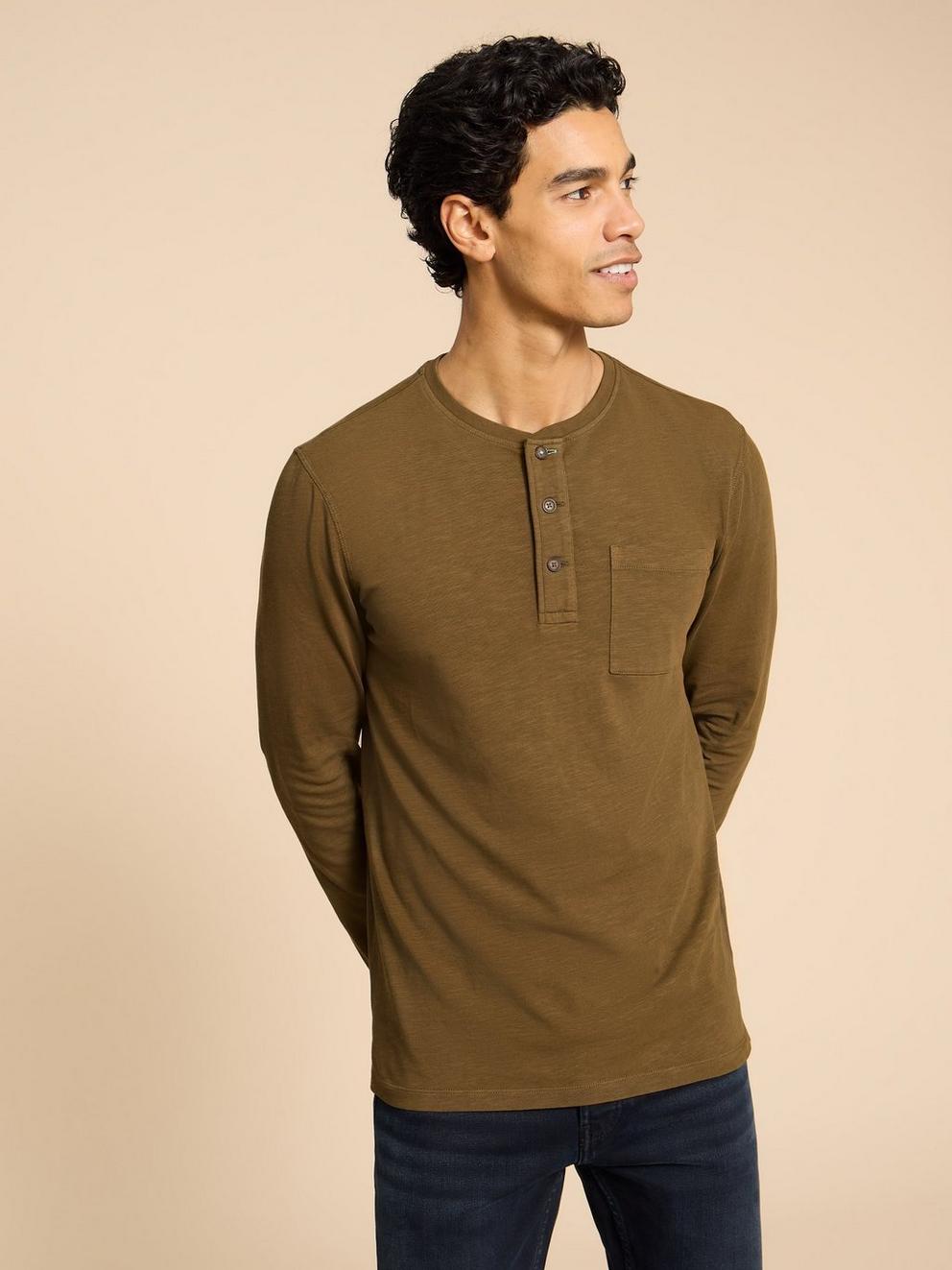 Newton LS Henley in KHAKI GRN - MODEL FRONT