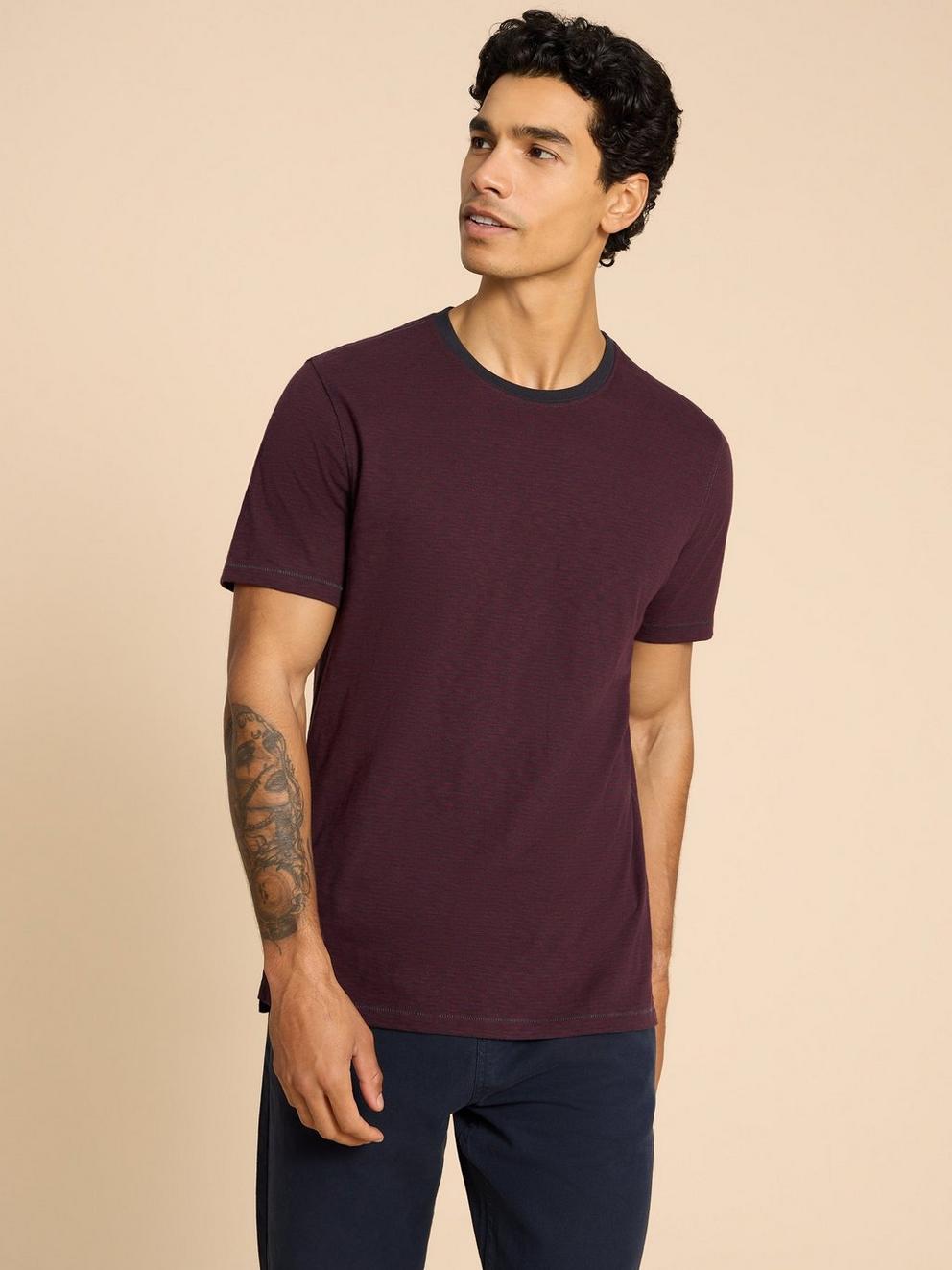 Abersoch SS Stripe Tee in PLUM MLT - MODEL FRONT