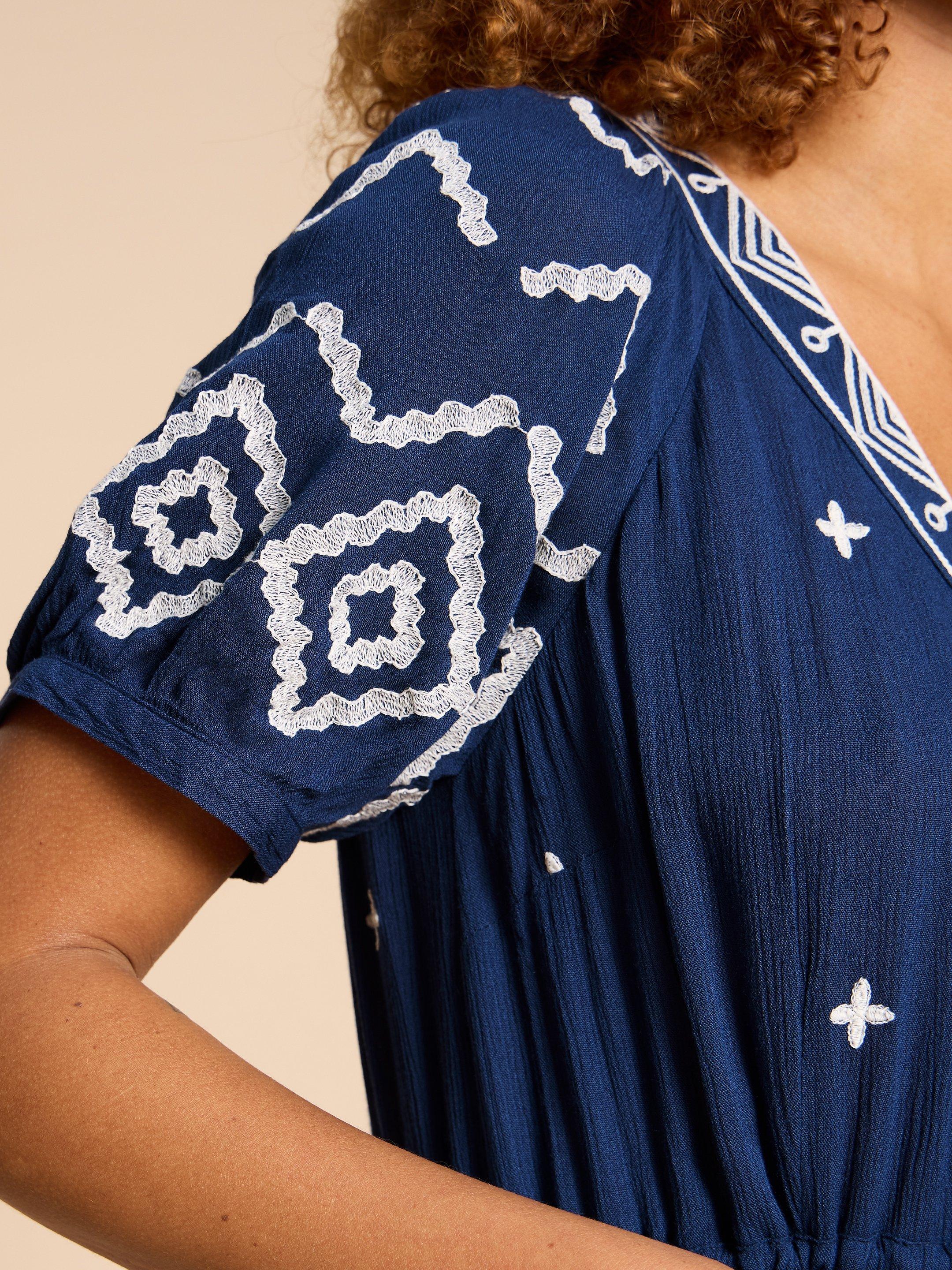 Mauve Embroidered Dress in DUS BLUE - MODEL DETAIL