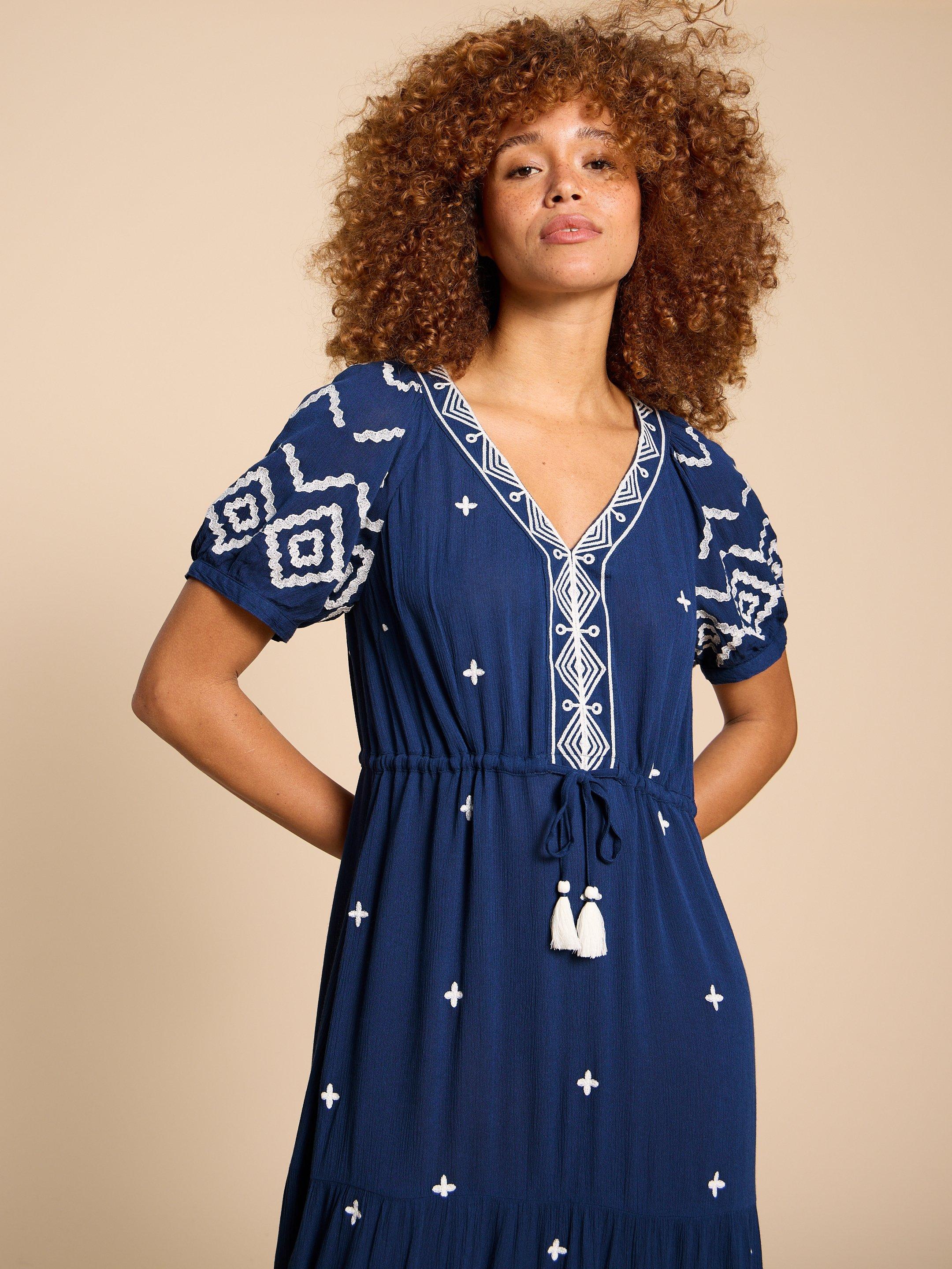Mauve Embroidered Dress in DUS BLUE - MODEL FRONT