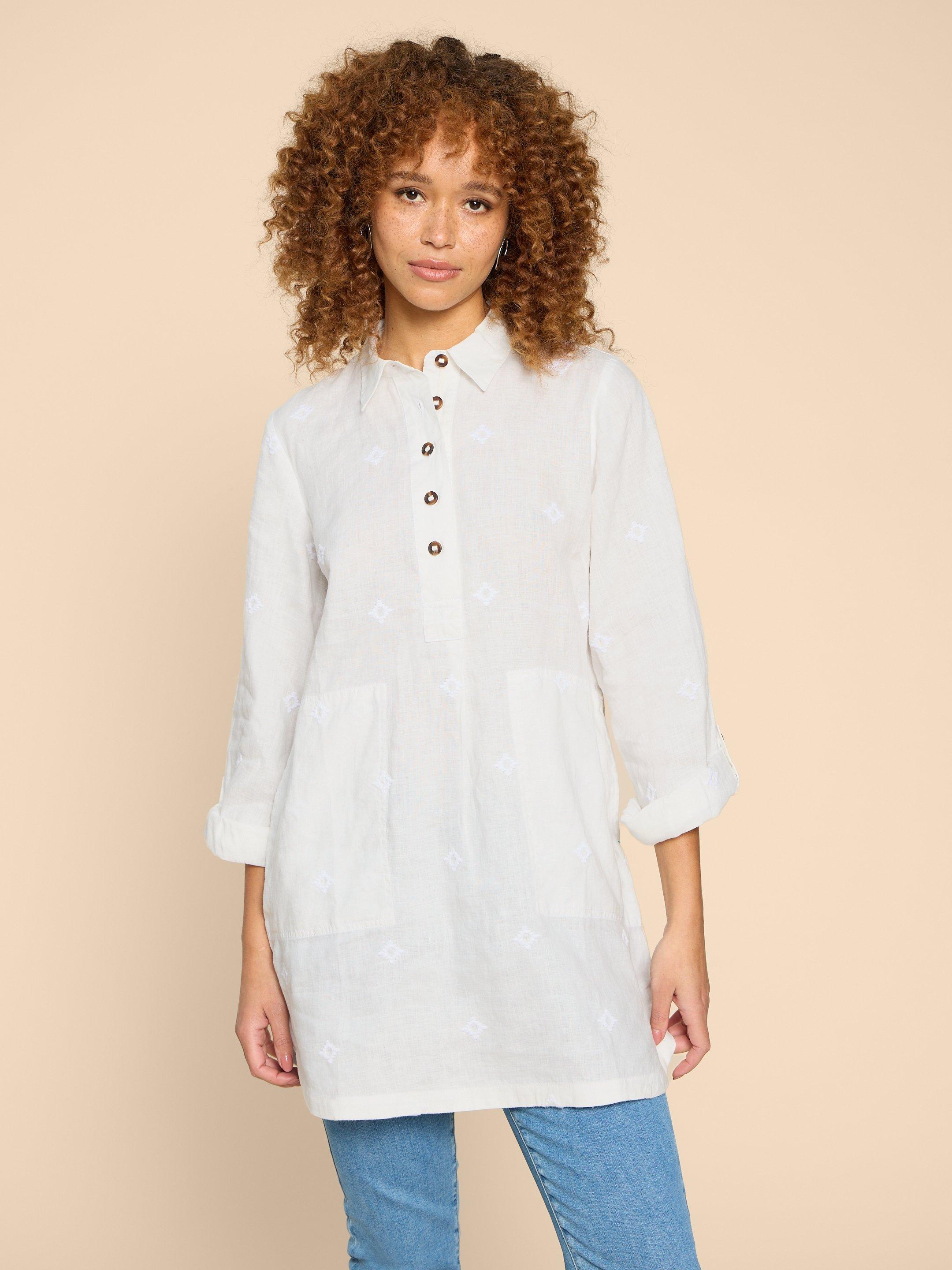 Evelyn Embroidered Linen Tunic in NAT WHITE - LIFESTYLE