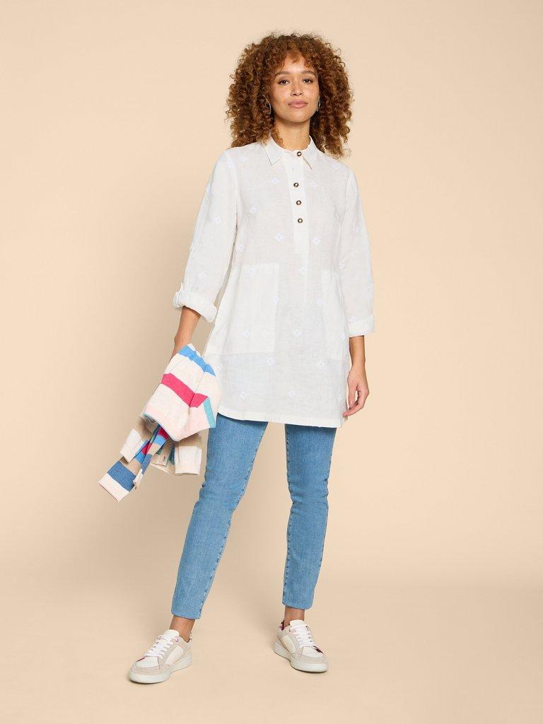 Evelyn Embroidered Linen Tunic in NAT WHITE - MODEL FRONT