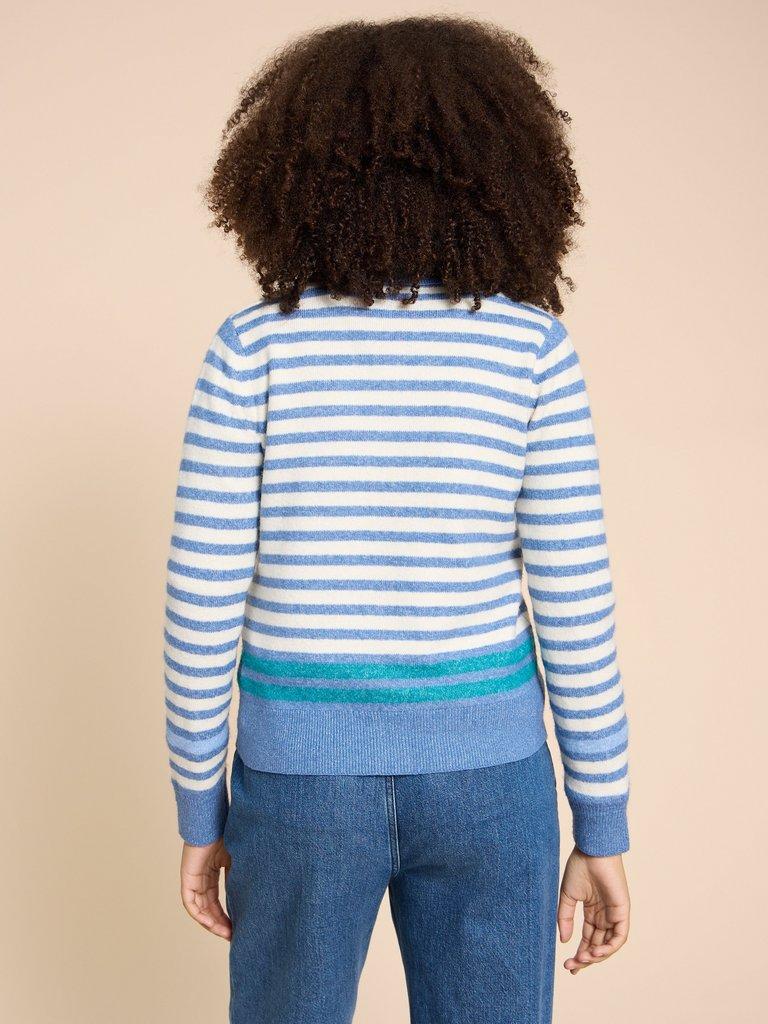 PEONY COLLARED CARDIGAN in BLUE MLT - MODEL BACK