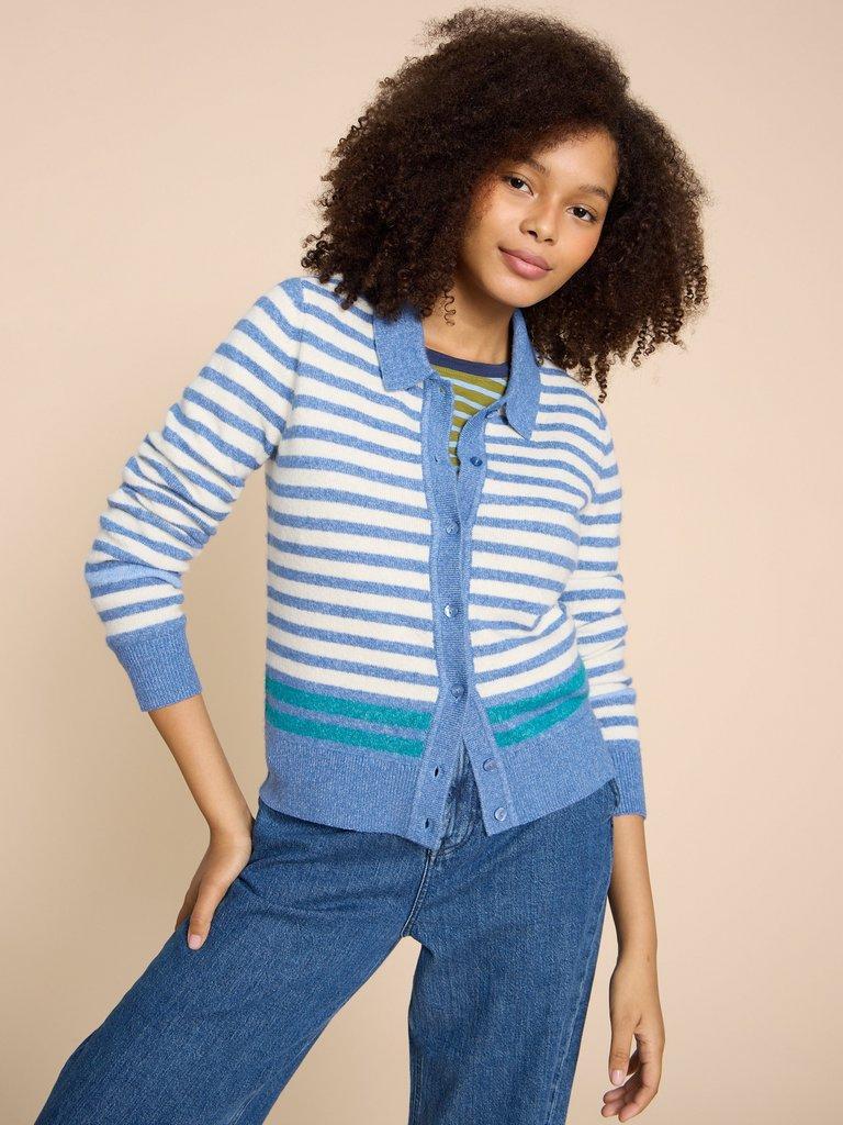 PEONY COLLARED CARDIGAN in BLUE MLT - MODEL FRONT
