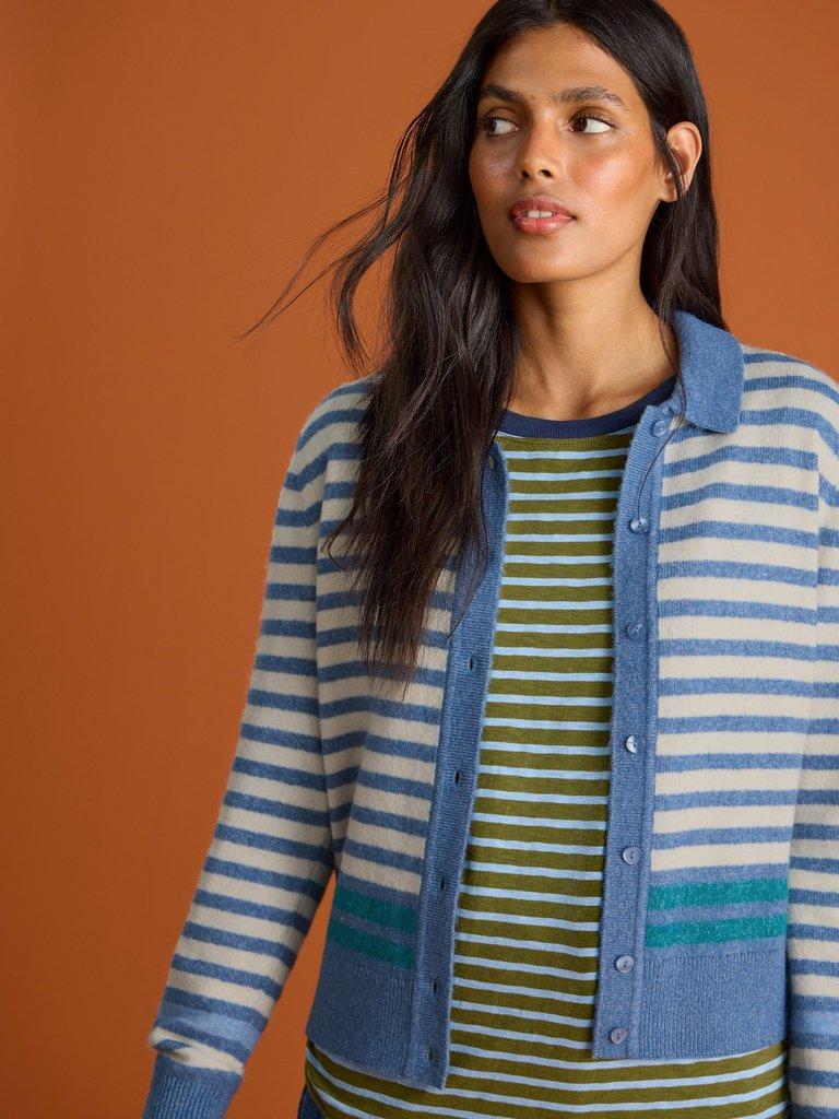 Blue white outlet striped cardigan