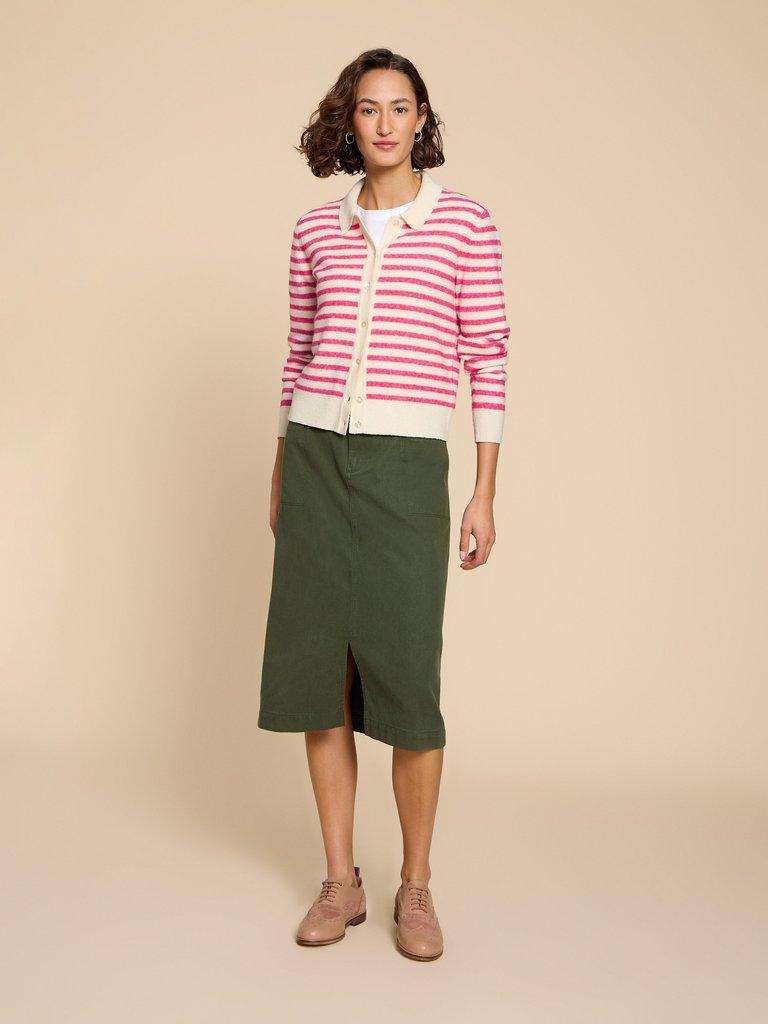 PEONY COLLARED CARDIGAN in PINK MLT - MODEL FRONT