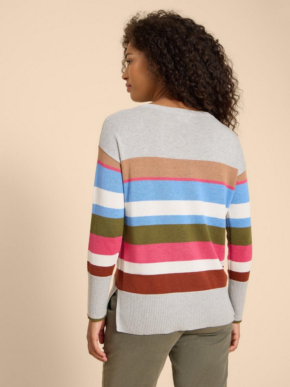 OLIVE STRIPE KNITTED JUMPER in GREY MLT - MODEL BACK