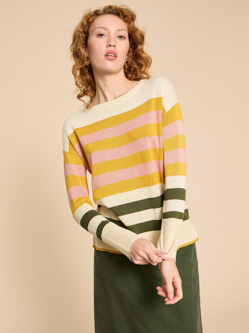 OLIVE STRIPE KNITTED JUMPER in NAT MLT - LIFESTYLE