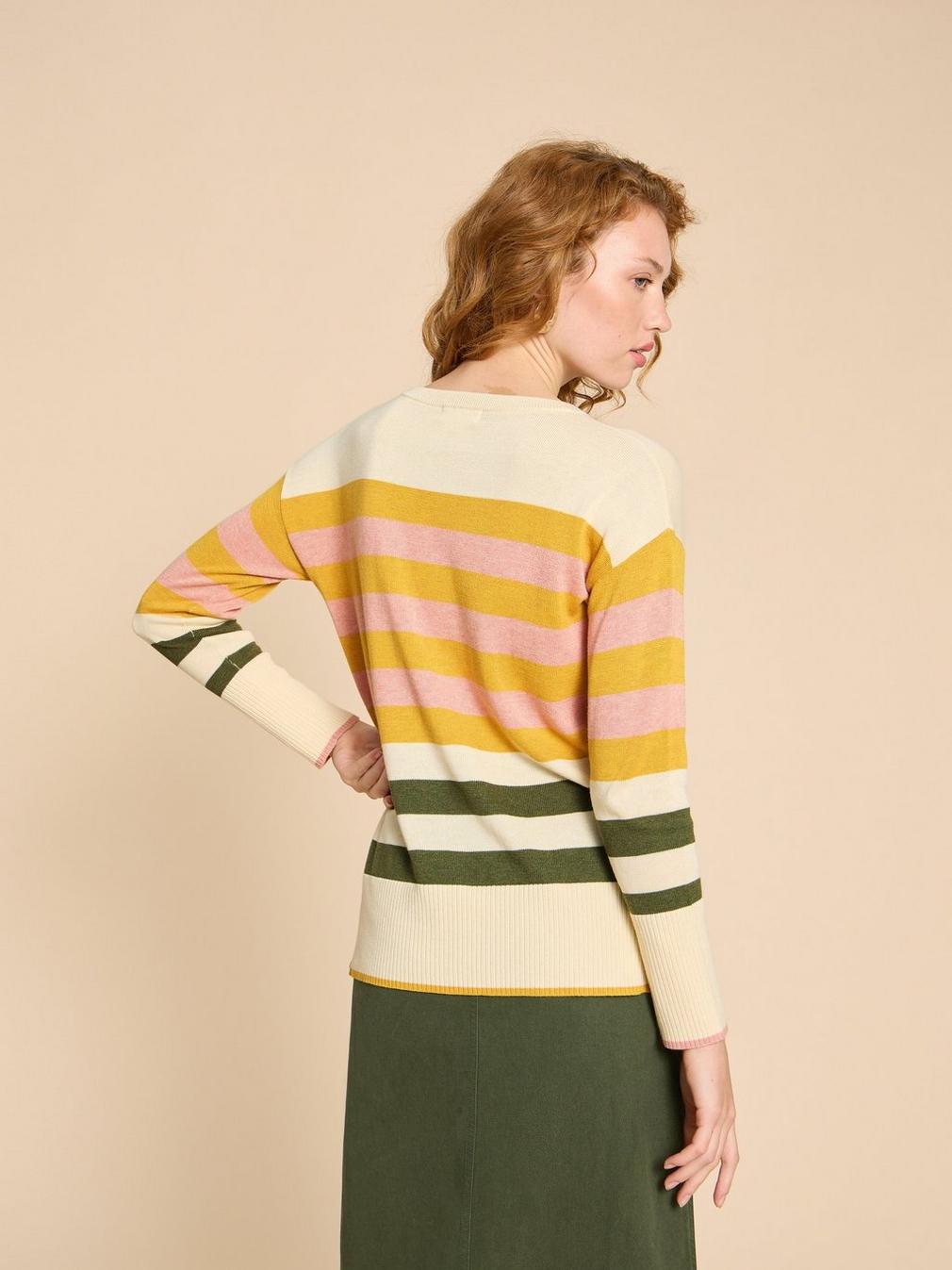 OLIVE STRIPE KNITTED JUMPER in NAT MLT - MODEL BACK