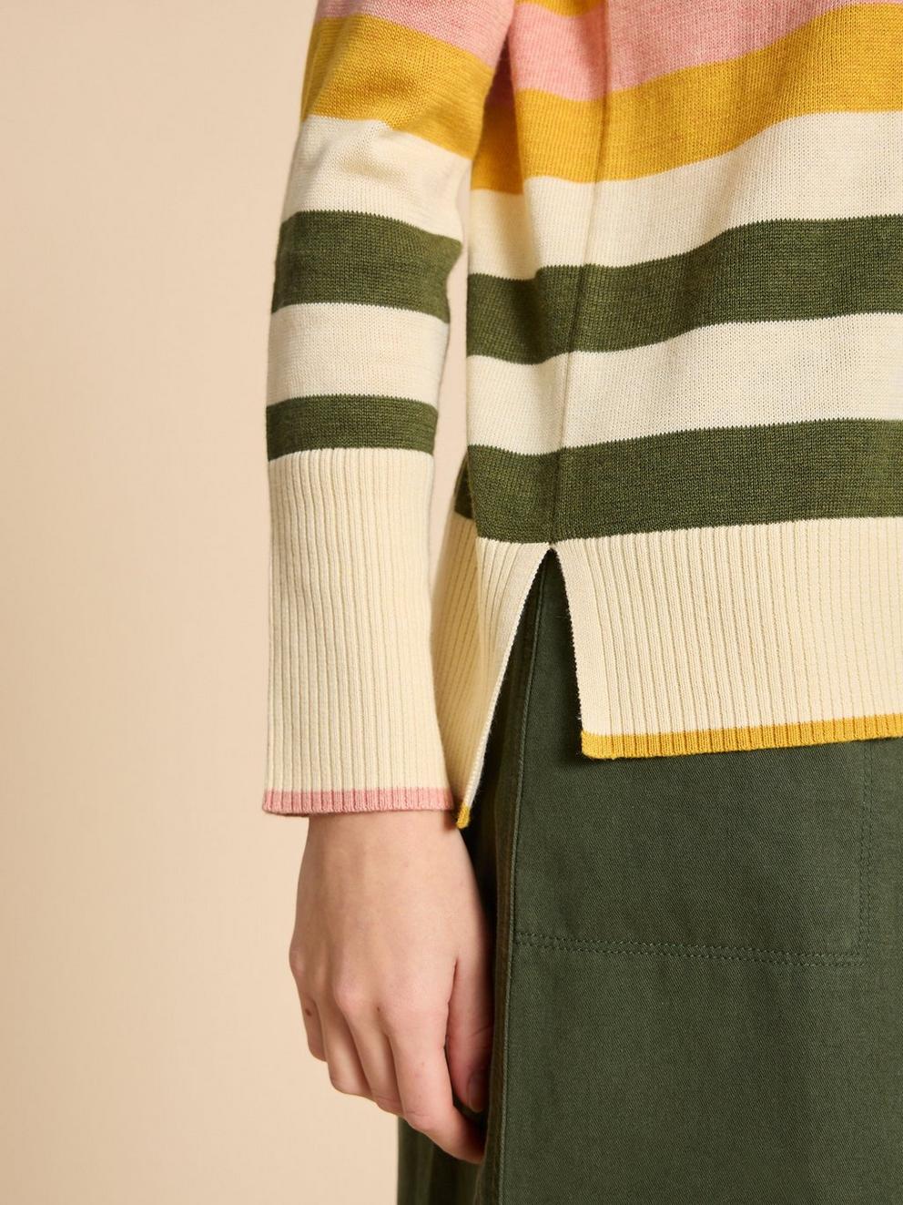 OLIVE STRIPE KNITTED JUMPER in NAT MLT - MODEL DETAIL