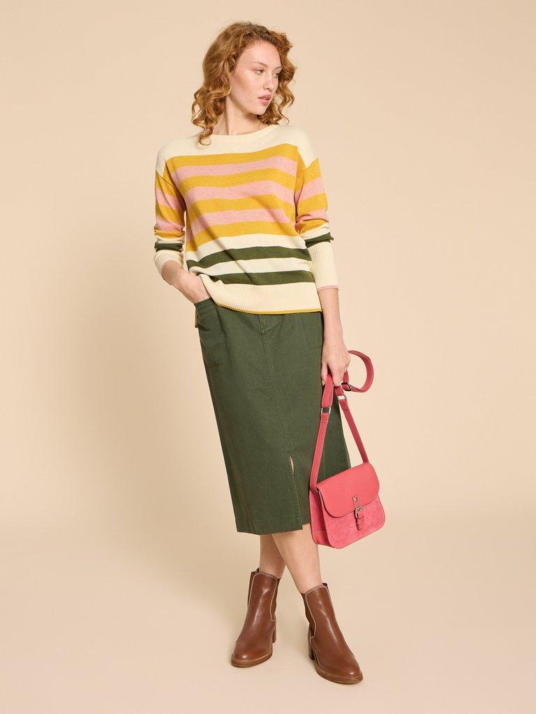 OLIVE STRIPE KNITTED JUMPER in NAT MLT - MODEL FRONT